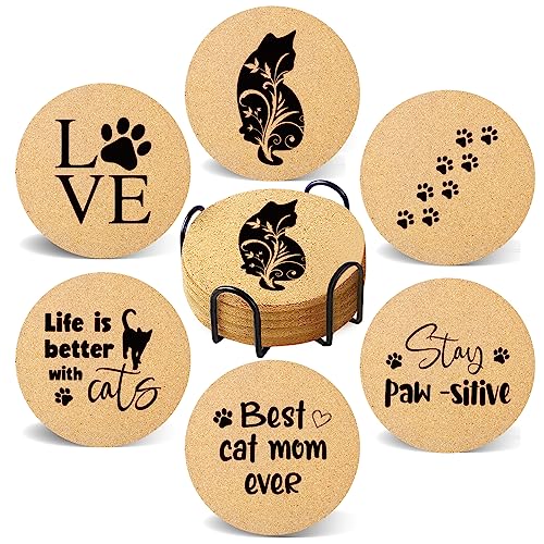 Coasters for Drinks with Holder Set of 6, Cat Paw Coaster for New Home Couples House Warming Gifts Absorbent Cork Wood for Cup Desk Coffee Table Office Kitchen Decor, Round 4" - color: Cat Paw