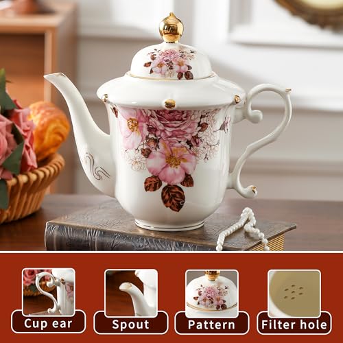 TATSUMI Country Roses Porcelain Tea Set, European Ceramic tea set for adults,Vintage Style, For Women and Tea Parties (Chocolate Red, 21 Pieces Set) - color: Chocolate Red, size: 21 Pieces Set