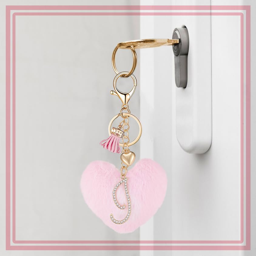 Initial Letter Heart Pom Pom Keychain for Women Pink Soft Fluffy Ball Key Ring for Purse Backpack Handbag - color: I