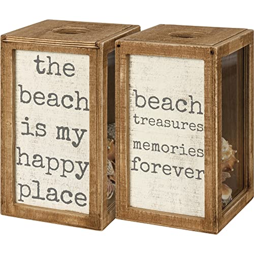 Primitives by Kathy Seashell Holder - Coastal Decor, Glass Display, Treasure Chest, Room and Bedroom Decor, Brown Wood - color: Brown Wood, style: Coastal