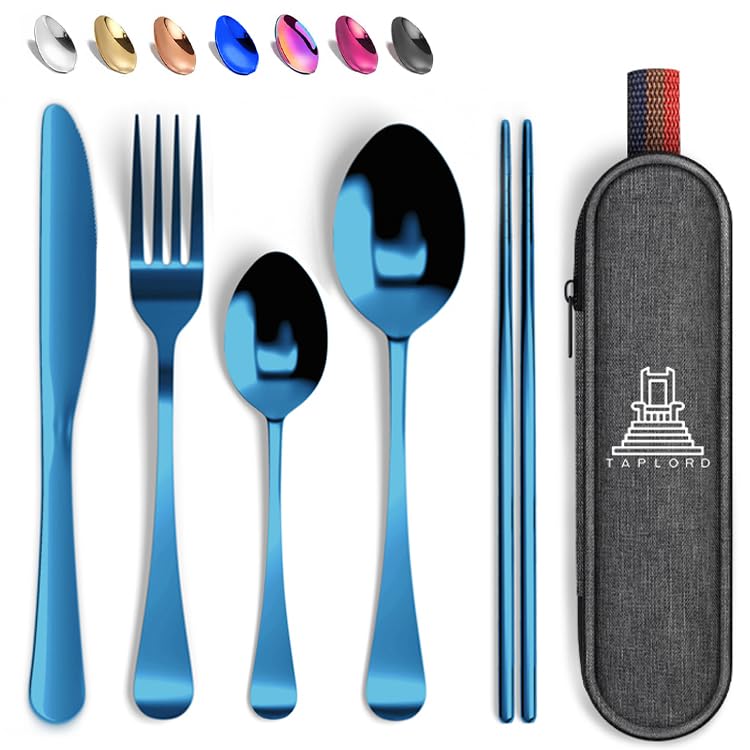 Travel Utensils With Case, 5 Pcs portable silverware set (Blue) - color: Blue, size: 5 Pieces