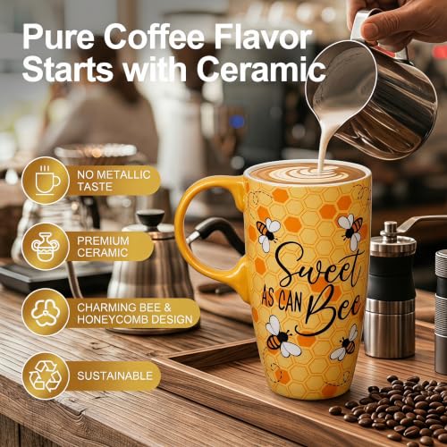 Topadorn 17oz Ceramic Travel Mug with Lid & Gift Box, Honey Bee Coffee Mug - color: Bee & Text