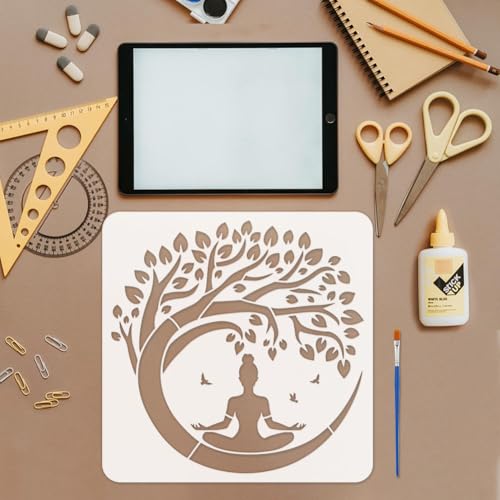 FINGERINSPIRE Tree of Life Stencil with a Paint Brush 11.8x11.8Inch Reusable Yoga Practitioner Stencil PET Birds Yoga Decoration Template Plant Theme Template for Wood Wall Floor Furniture - style: Yoga with Tree of Life