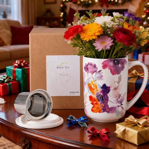AmorArc Tea Cup With Infuser and Lid, 18oz Loose Leaf Tea Mug With Steeper - color: Anemone