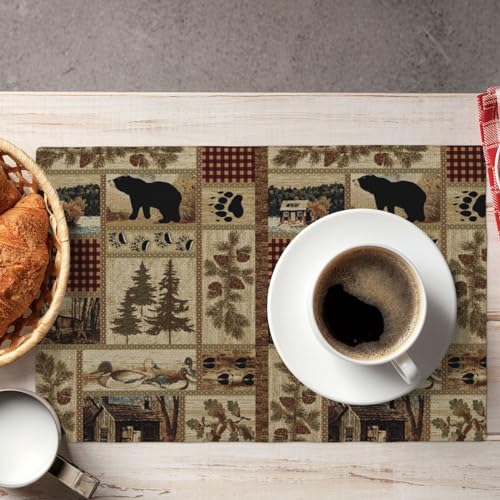 Rustic Country Bear Place Mats for Kitchen,Patchwork Cabin Wild Animals Hunting Dinner Mats Set of 4 for Home Kitchen Dining Table Decoration Party 12x18in - color: Bear-1, size: 12x18"Placemats x4
