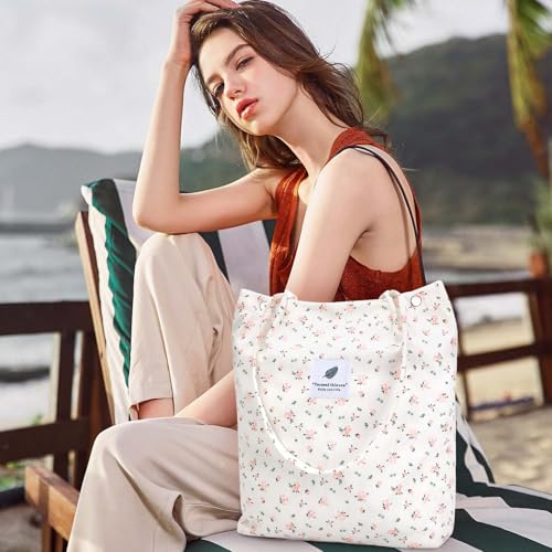 Ayieyill Corduroy Tote Bag for Women Canvas Shoulder Cord Purse with Inner Pocket - color: Beige/Pink Floral