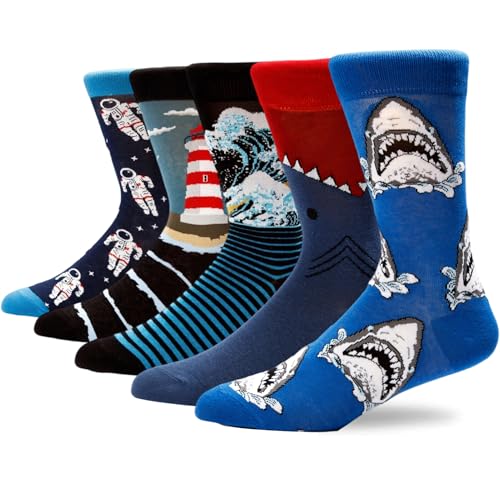 Colorful Funny Novelty Dress Socks for Men Women Teens Fathers Day Casual Fun Crazy Funky Graphic Crew Socks - color: 5 Pairs - Fun Novelty Themed - Shark & Lighthouse Coastal & Astronaut Star Space & the Great Wave Off Kanagawa Art Striped Pattern Socks,