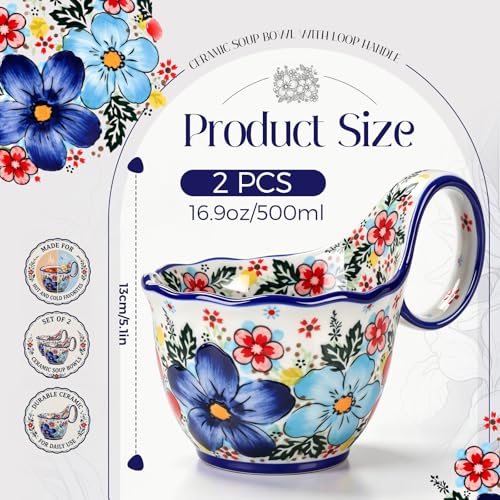 2 Pcs Microwavable Soup Bowl with Loop Handle 17oz Vintage, Roman Garden