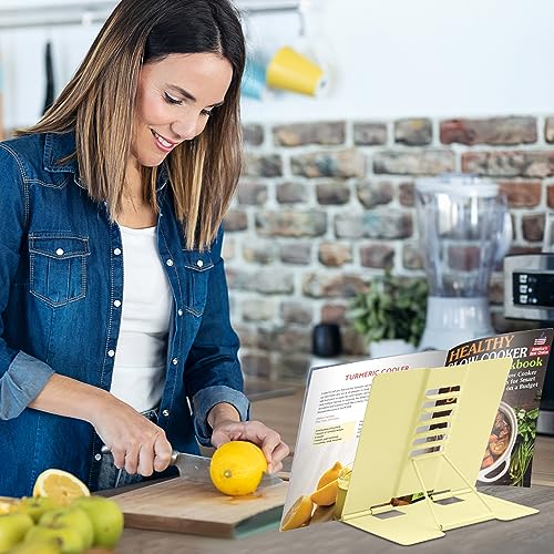 Honagu Book Stand Metal Desk Book Holder, Book Holders for Reading Hands Free, Adjustable Cookbook Documents Holder, Portable Bookstand for Music Books, Textbook, Recipe, Tablet, Ipad（Light Yellow） - color: Light Yellow