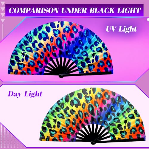 13 Inch Large Rave Fan & Clack Fan for Line Dancing - Folding Hand Fan with UV Glow for Boots on The Ground, Performance, Wedding, Party - Portable Handheld Fan for Women & Men - color: Leopard Print*1