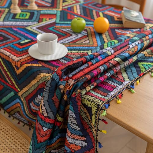 Handblock Print Tablecloth for Square Tables, Geometric Stitch Table Cover with Fringed Edges, Decorative Tablecloth for Kitchen and Dining Room,59"x 70" - color: Geometric Stitch, size: 70" x 59" (Rectangular)