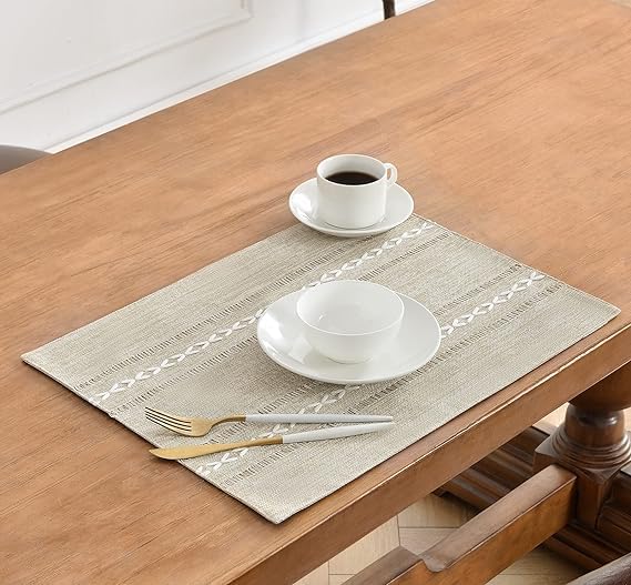 Wracra Cotton Linen Place Mats, Coffee Embroidered Placemats Set of 6 - color: Hemstitched Coffee, size: Placemats(Set of 6)