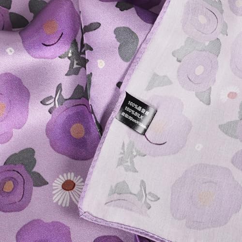 Women 100% Mulberry Silk Neck Scarf 21" Square Floral Neckerchief - color: Purple Floral