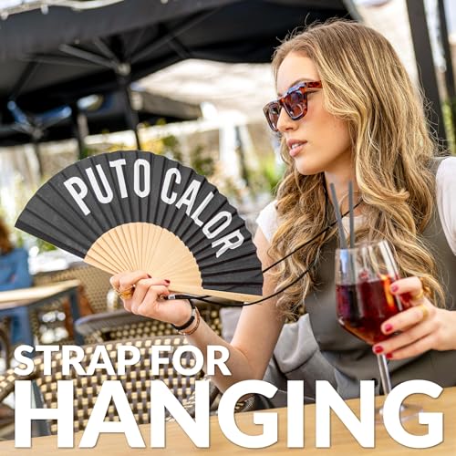 Fisura – Original Black Folding Hand Fan with Message P*to calor, Foldable Wooden Handheld Fan for Women, with Hanger, Perfect for Birthday, Wedding, Party or Gift - color: Calor, Black