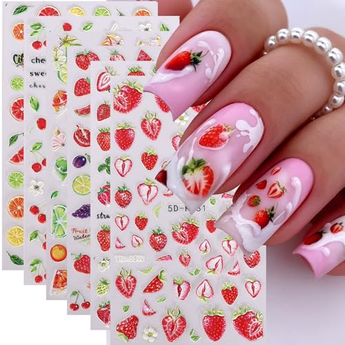 5D Embossed Fruit Nail Art Stickers 6PCS Self-Adhesive Nail Decals Orange Lemon Strawberry Cherry Watermelon Leaves Flowers Design Summer DIY Manicure Decorations Nail Accessories for Women - style: 5D Fruit Styles