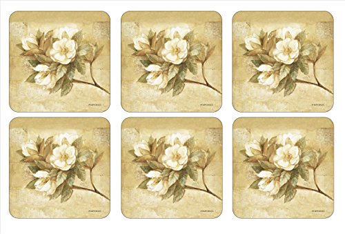Pimpernel Sugar Magnolia Coasters Set – 4" Cork-Backed Board with Lacquered Finish, Heat & Stain Resistant up to 212°F, Elegant Southern Floral Design for Dining & Coffee Tables - size: 4" x 4" Square, style: Sugar Magnolia