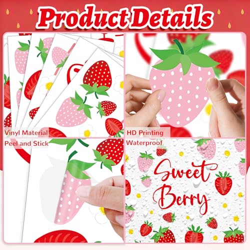 Strawberry Wall Decals - 8 Sheets 62Pcs Strawberry Daisy Wall Stickers Strawberry Shortcake Berry Peel and Stick Wallpaper for Girls Room Nursery Bedroom Room Décor - color: Strawberry