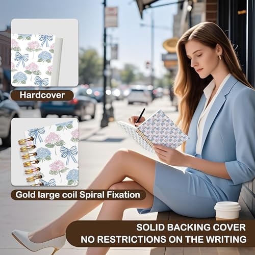 VIIJJUE Cute Bow Hydrangea Floral Notebook, AestheticJournal, Blue and Pink Flowers Notebooks for Note Taking, Blue and Pink Office Supplies, Hardcover Spiral Journal 5.5x8.3 Inch - color: B-Bow and Hydrangea