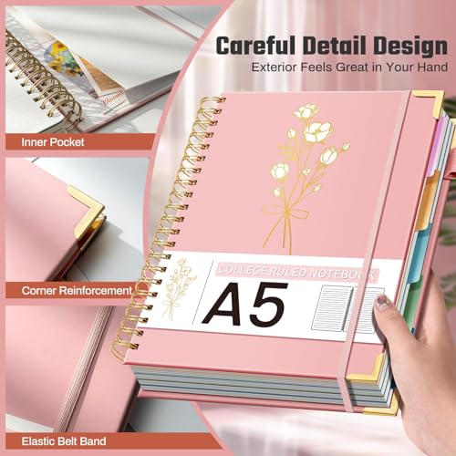 Ovesmusl 5-Subject Hardcover Spiral Notebook, 6.1" x 8.4", College Ruled - color: Pink, size: 8.4"x6.1"