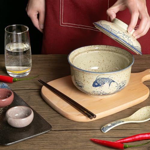 Ceramic Ramen Bowl Set of 2, Ramen Noodle Bowl with Lid 27oz Japanese Retro Style Soup, Pho, Udon Bowls, Matching Spoons and Chopsticks for Microwave & Dishwasher Safe, Fish - color: Fish, size: 2 Pcs