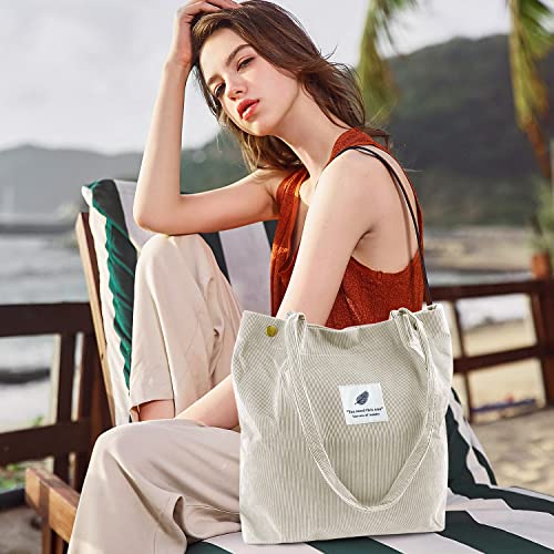 Ayieyill Corduroy Tote Bag for Women Canvas Shoulder Cord Purse with Inner Pocket - color: Beige