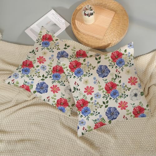Boho Pillow Covers 18x18 Pack of 2,4th of July Blue Red Floral Throw Pillow Covers Independence Day Flower Decorative Pillowcase Farmhouse Linen Cushion Cover for Home Couch Sofa Outdoor Decor - color: Blue Red Floral-2, size: 18" x 18" (Pack of 2)