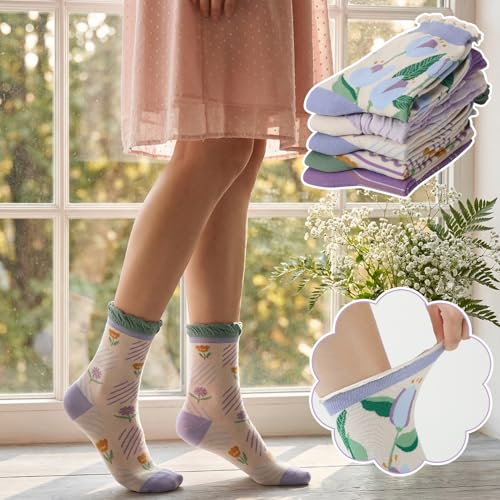 5/6 Pair Crew Socks for Women Floral Socks - color: Purple, Green