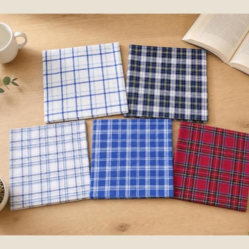 5 Pack Soft Cotton Handkerchiefs for Men - Assorted Plaid & Striped Patterns, Highly Absorbent & Machine Washable, 16"×16" Premium Pocket Squares for Men for Formal & Daily Use