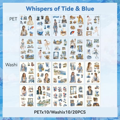 Tidal Blue Whisper Sticker Scrapbooking Supplies for Junk Journal, 20 Sheets PET Stickers - Vintage Journaling Stickers - color: Tidal Blue Whisper