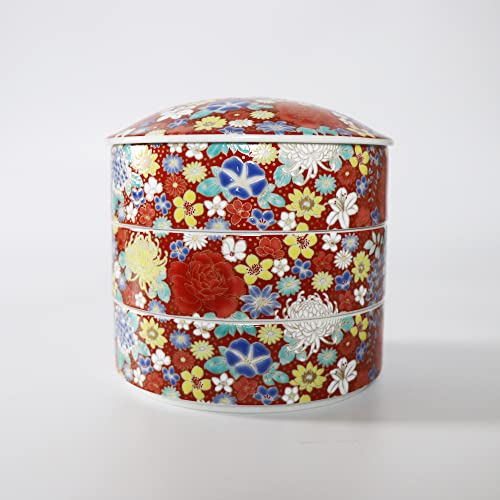 Traditional Japanese Bento Box, 3-tiered, Kutani Ware SK456 (Red flower design) - color: Red flower design