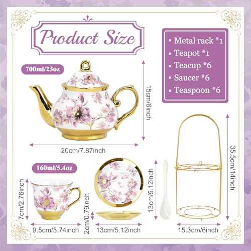 20 Pcs Porcelain Tea Set With Metal Holder,for 6 People,23.7ozTeapot