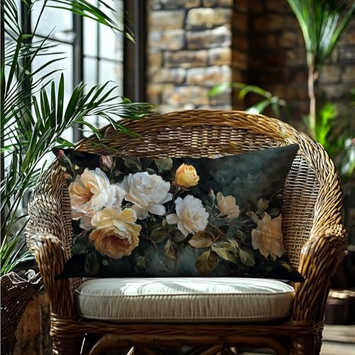 Vintage Spring Summer Dark Green Floral Pillow Covers 12x20 Double-Sided,Rustic Farmhouse Easter Wildflower Flower Botanical Decorative Throw Pillow Covers for Home Bedroom Living Room - color: Floral-15, size: 20" x 12" (Pack of 1)
