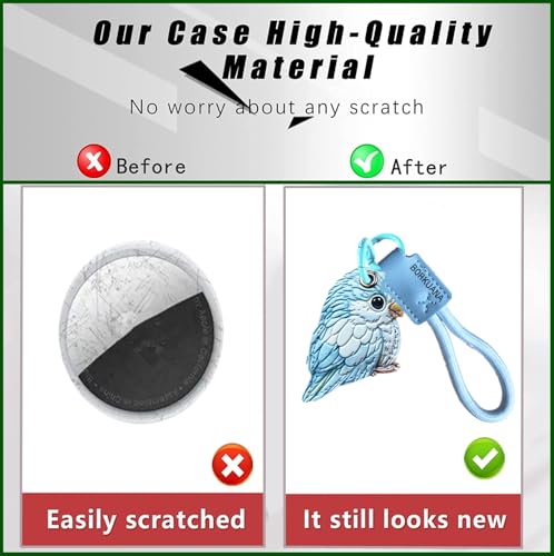 BORKUANA PU Leather Keychain holder Protective Case Compatible with AirTag - color: Blue White Parrot A