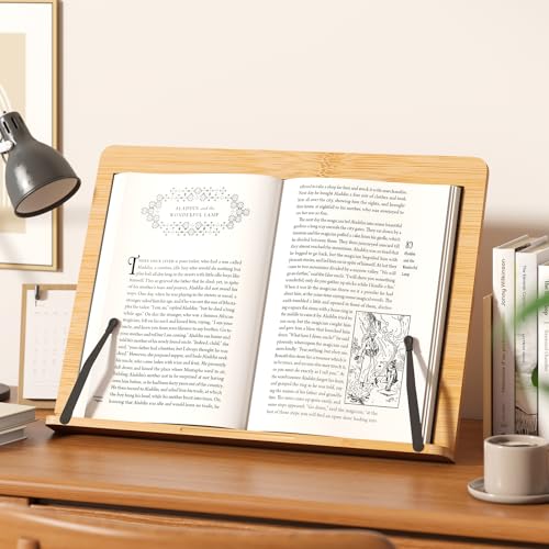 Bamboo Book Stand, Adjustable Reading Holder with Page Clips, Portable Lightweight Desk Stand for Textbooks, Cookbooks (Large)
