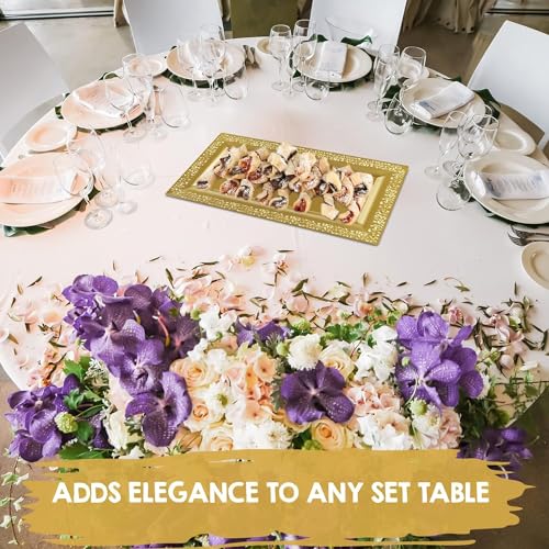 Yumchikel-Decorative Plastic Serving Tray & Platter Set (12 pk)-Gold & lace Rim Serving Trays & Platters for Food - Weddings, Upscale Parties, Dessert Table, Cupcake Display - 14"x7.5" inches - color: Gold Lace, size: 12 Pack