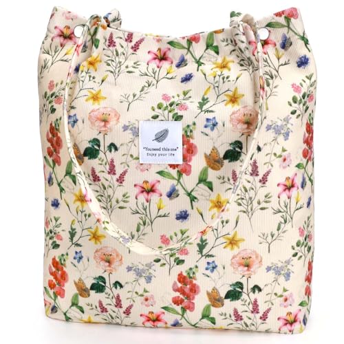 Ayieyill Corduroy Tote Bag for Women Canvas Shoulder Cord Purse with Inner Pocket - color: Beige/Vintage Flowers