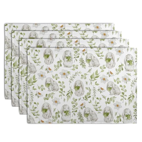Easter Bunny Rabbits Placemats Set of 4 Easter Spring Green Leaves Flroal Dining Table Placemats 12x18 Inch Heat Resistant Washable Table Mats for Kitchen Dining Holiday Indoor - color: Easter Bunnies
