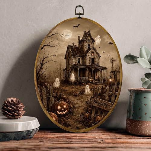 Haunted House Ghost Oval Wall Art, Framed Canvas Decor, 8.5x11.5 Inch - color: Spooky Haunted House Ghost