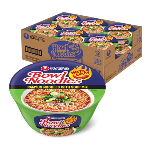 Nongshim Ramen Noodles, Gourmet Instant Ramen bowl, Premium Microwavable Noodle Soup, Hot & Spicy, 3.03 Ounce (Pack of 12) - size: 3.03 Ounce (Pack of 12)