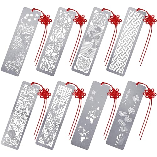 Outus 8 Pcs Metal Bookmarks, Hollow Chinese Style Silver with Red Tassel