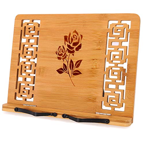 MEGREZ Foldable Bamboo Book Stand Adjustable Cookbook Reading Holder - color: Rose