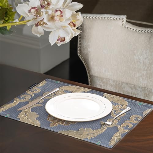 Loom and Mill Luxury Damask Placemats Double Layer, Set of 6, Grey Blue - color: Grey Blue_peyton, size: 6 Pieces