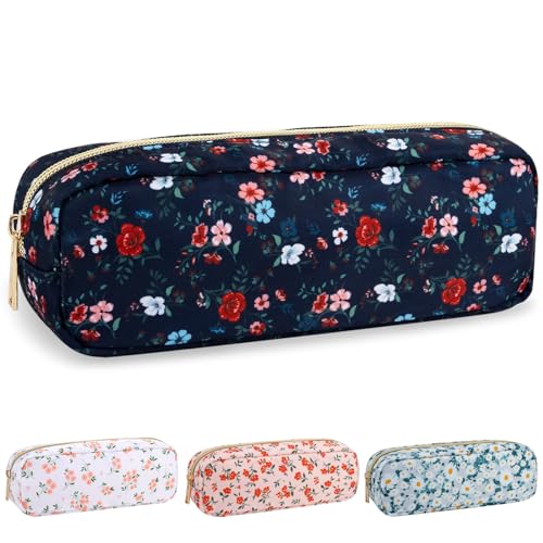 Nylon Small Floral Makeup Bag Slim Pouch, Preppy Cute Travel Makeup Brush Case Cosmetic Zipper Pouch for Purse, Waterproof Toiletry Bag Makeup Organizer Travel Essentials for Women(Navy Blue-Flower) - color: Navy Blue-Flower, size: Slim