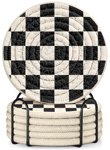 Absorbent Cup Coasters Set of 6 with Holder, Check Pattern - color: Check Pattern