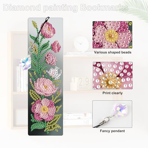 Tontut 3pcs Diamond Art Painting Kit Bookmarks, Pink Flower Exquisite Universal DIY Bookmarks, Lightweight and Durable, Suitable for Reading Lovers - color: Flower