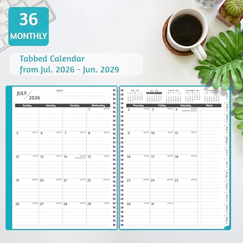Monthly Planner 2026-2029, 36 Months Calendar Planner 2026-2029 from Jul 2026 – Jun 2029, 8.5'' x 11'' with Ruled Spread, Flexible Cover, Spiral Wirebound, Pocket, Coated Tabs, Notes ＆ Habit Tracker