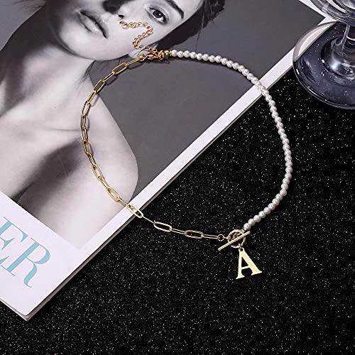 Yoosteel Pearl Initial Necklace for Women, Dainty Pearl Chain Choker Initial Necklaces for Women Toggle Clasp Paperclip Link Chain Necklace Jewelry Gifts - color: Gold, style: C