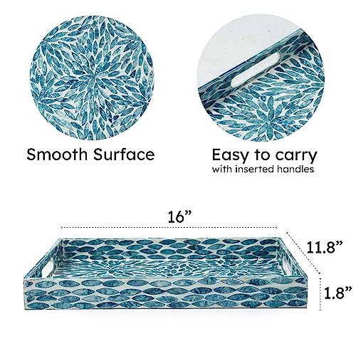 Serving Tray 15.7" X11.8", Lacquer Mother of Pearl Inlay Mosaic Tray, Rectangle Wooden Marble Tray with Handles Trays for Tea, Breakfast in Bed, Table (Flower Style) - color: Flower Style
