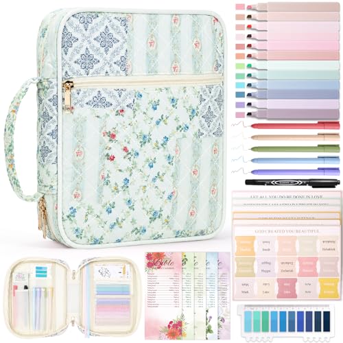 XKDOUS Bible Cover Case for Women Bible Bag Journaling Kit w/Study Supplies - color: Green & Blue Patchwork, size: Large