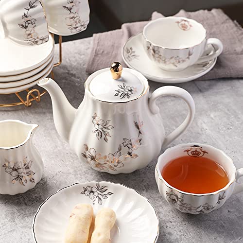 Porcelain Tea Sets British Royal Series, 8 OZ Cups & Saucer Service for 6, with Teapot Sugar Bowl Cream Pitcher Teaspoons and Tea Strainer, Suitable for High Tea, Wedding, Party（Morning glory） - color: Morning Glory Flower
